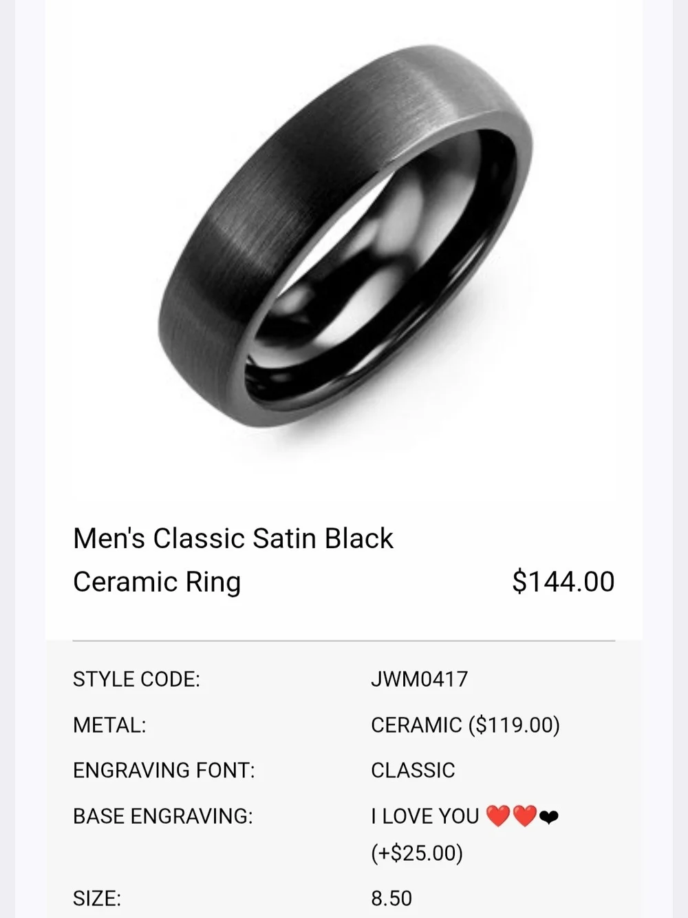 Men's Black Classic Ceramic Comfort-Fit Ring